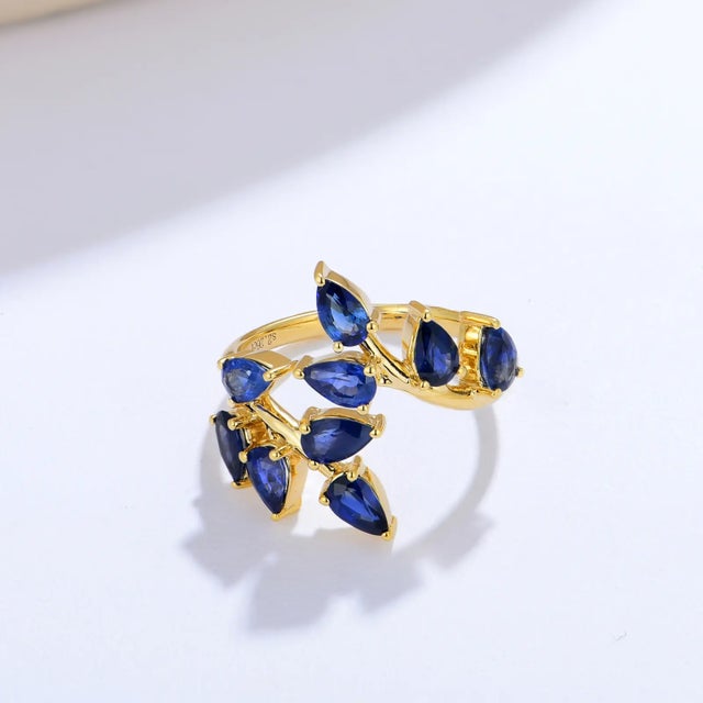 Nina Zhou Sapphire Branch Leaves Ring in 14k Yellow Gold, size 7 For Sale - Image 10 of 10