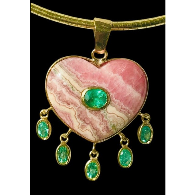 Large Rhodochrosite Heart Pendant With Emeralds & 14k Gold For Sale - Image 13 of 14