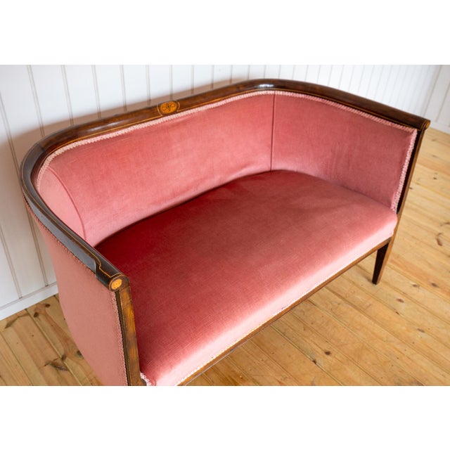 Antique Art Nouveau Edwardian Mahogany Barrel Back 2-Seater Settee Sofa, 1910s For Sale - Image 3 of 18