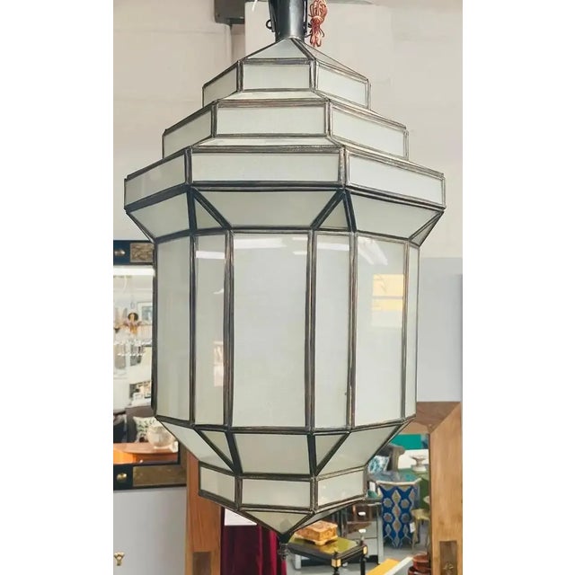 A beautiful Art Deco style white milk glass handmade chandelier, pendant, lantern. Handcrafted with individual panels,...