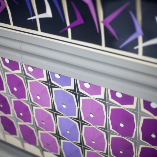 1984 Signed Abstract Geometric Large Scale 2d Origami Folded Paper Art Piece Purple Gray & White For Sale - Image 14 of 15