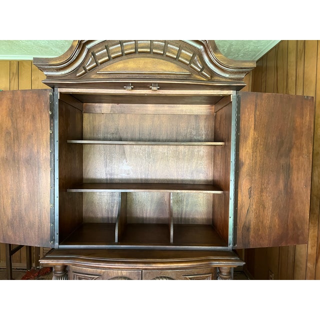 Brown Vintage Spanish Baroque Revival Cabinet | Bonnet Pediment | Reeded Columns For Sale - Image 8 of 12