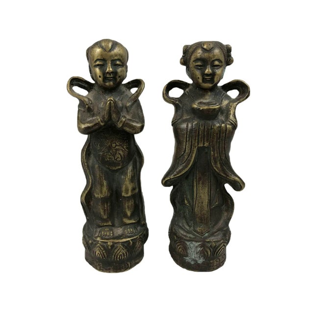 1920s Antique Chinese Brass Children Statues - a Pair For Sale - Image 11 of 11