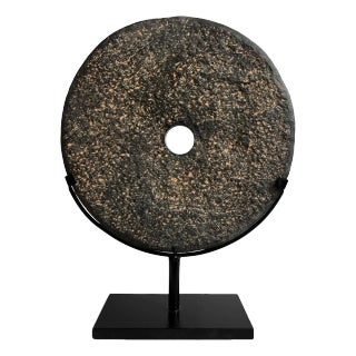 Vintage Black Stone Modern Minimalist Chiseled Disk on Stand Large For Sale