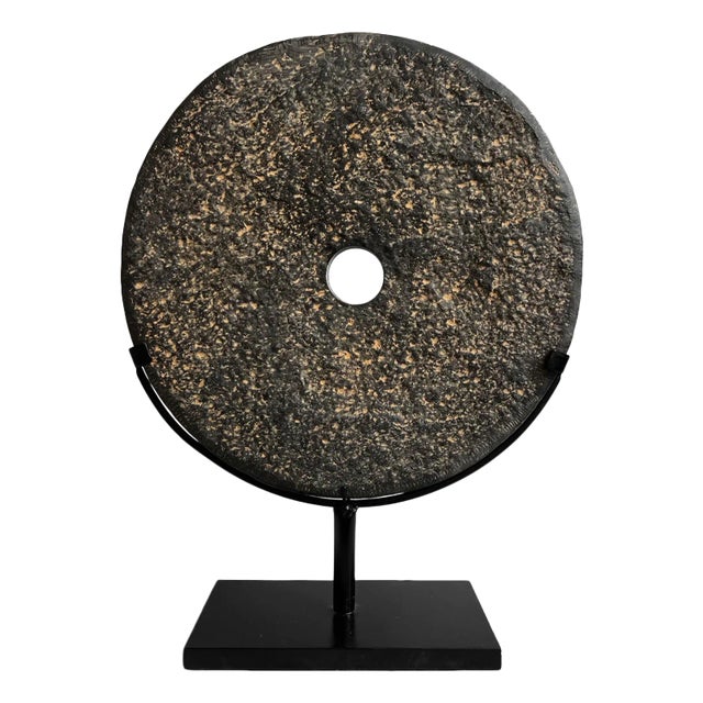 Vintage Black Stone Modern Minimalist Chiseled Disk on Stand Large For Sale