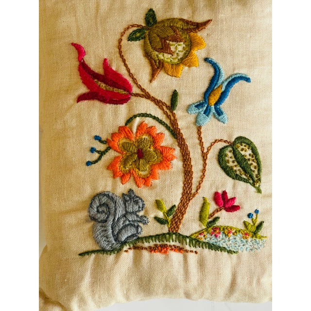 Folk Art Antque Pair of Artisan Crewel Embroidered Lumbar Pillows With a Dog and Squirrel For Sale - Image 3 of 4