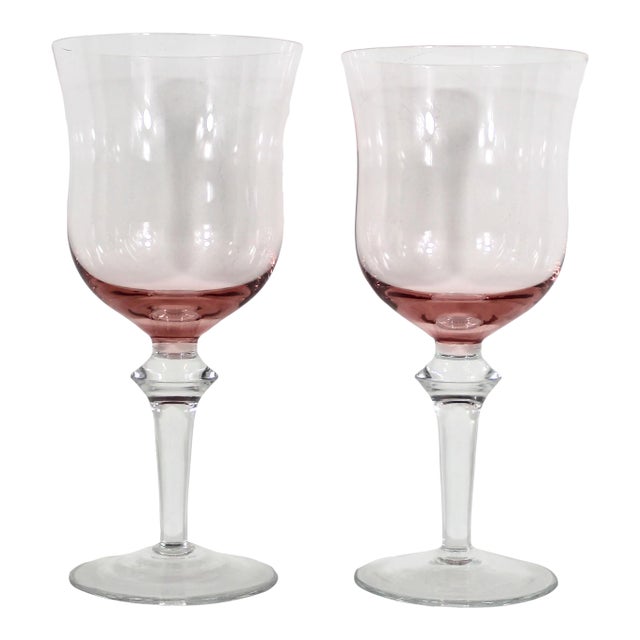 1970s Pink Glass Clear Stem Wine Glasses Large Goblet Denby Aurora Rose Glass Krosno Water- a Pair For Sale
