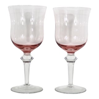 Vintage Pink Glass Clear Stem Wine Glasses Large Goblet Denby Aurora Rose Glass Krosno Water- A Pair For Sale
