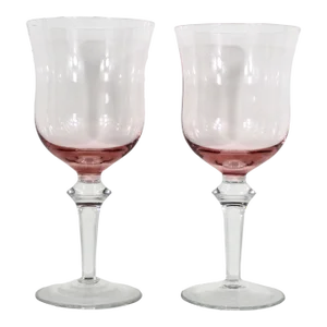 Vintage Pink Glass Clear Stem Wine Glasses Large Goblet Denby Aurora Rose Glass Krosno Water- A Pair