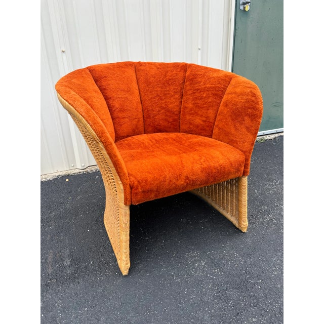 Orange 1960's Sculptural Rattan Barrel Chairs in Original Orange Chenille- A Pair For Sale - Image 8 of 12