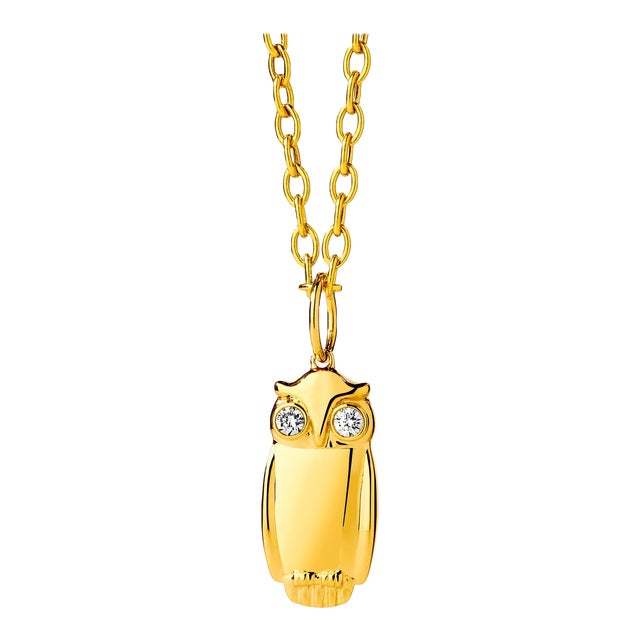 Syna Yellow Gold Owl Pendant with Diamonds For Sale