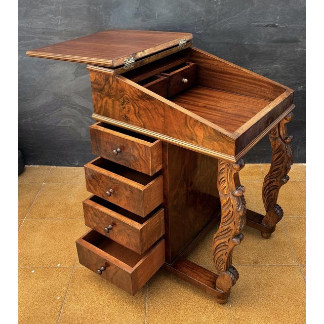 Hollywood Regency English Regency Revival Burr Walnut Davenport Desk, 1920 For Sale - Image 3 of 11