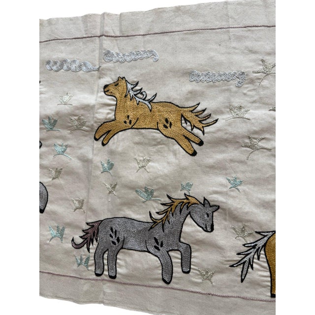 1960s Ten Horse Suzani Wall Hanging on Linen For Sale - Image 5 of 6
