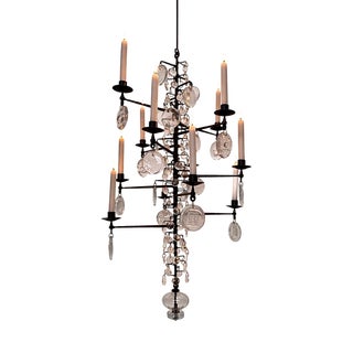Large Vintage Candle Chandelier in Mouth-Blown Glass and Wrought Iron by Erik Höglund for Boda Smide, 1960s For Sale