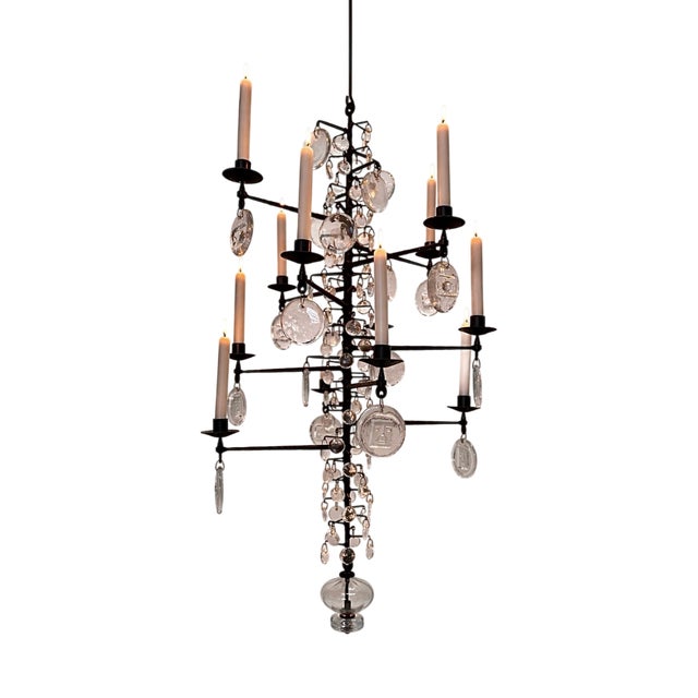 Large Vintage Candle Chandelier in Mouth-Blown Glass and Wrought Iron by Erik Höglund for Boda Smide, 1960s For Sale