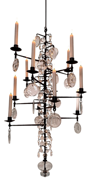 Large Vintage Candle Chandelier in Mouth-Blown Glass and Wrought Iron by Erik Höglund for Boda Smide, 1960s