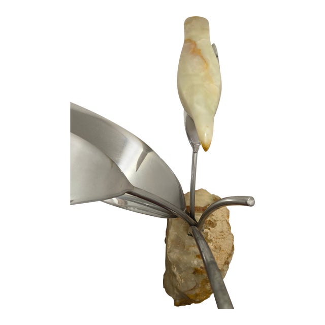 Vintage Alabaster Bird and Chrome Leaves on Stone Base. Dramatic For Sale