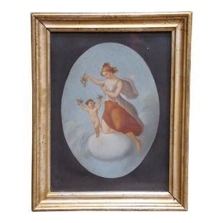 19th Century French Neoclassical Gouache of Flora and Putto in Giltwood Frame For Sale