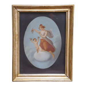 19th Century French Neoclassical Gouache of Flora and Putto in Giltwood Frame