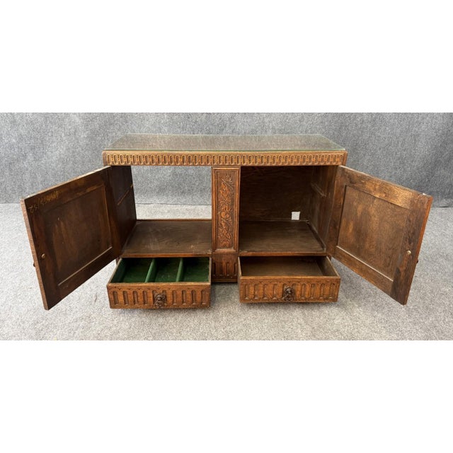 Antique Carved Oak Buffet With Metal Hardware For Sale - Image 9 of 18