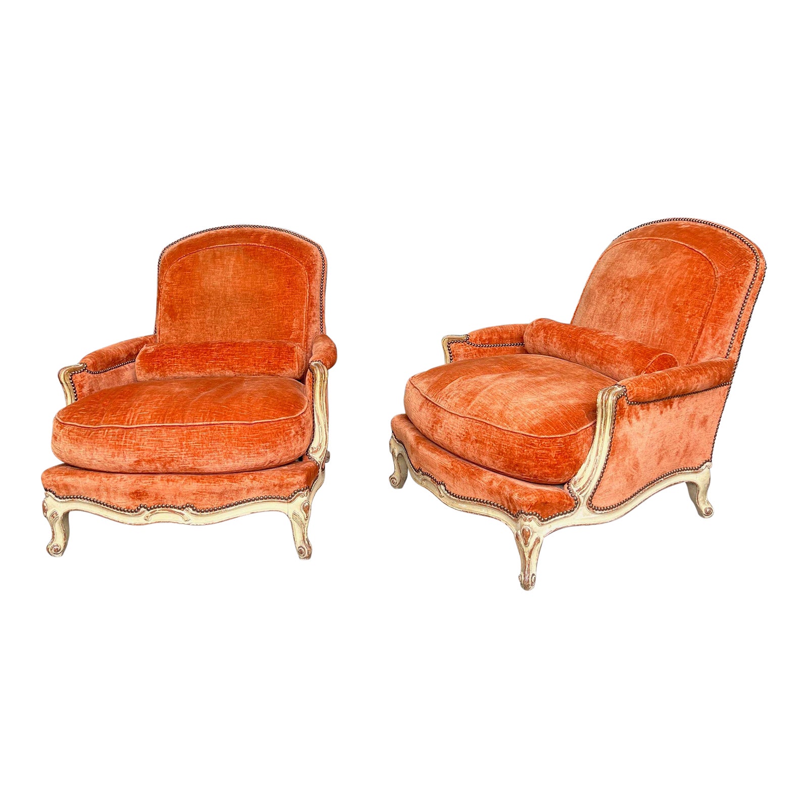 Pair of French Armchairs in Orange Velvet Chairish