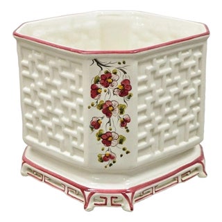 Vintage Chinoiserie Italian Porcelain Lattice Fretwork Pink Flower Planter Pot For Sale