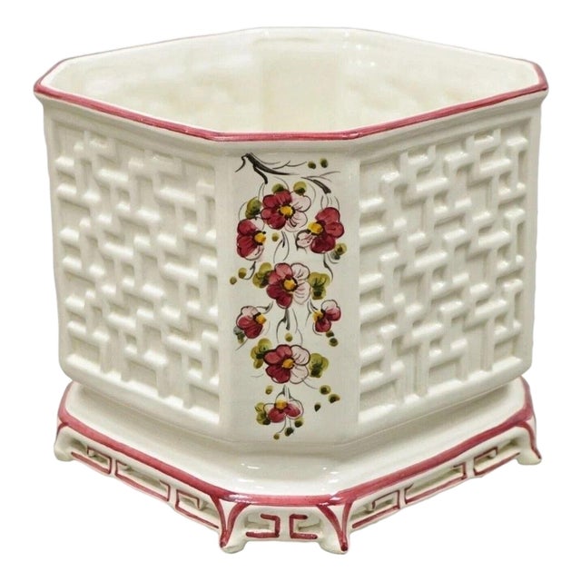 Vintage Chinoiserie Italian Porcelain Lattice Fretwork Pink Flower Planter Pot For Sale