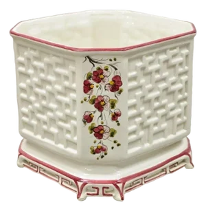 Vintage Chinoiserie Italian Porcelain Lattice Fretwork Pink Flower Planter Pot
