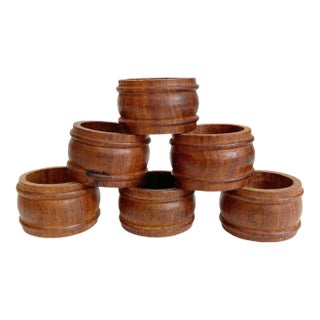 Vintage Mid-Century Modern Teak Wood Napkin Rings – Set of 6, Boho Neutral Wood Table Setting For Sale