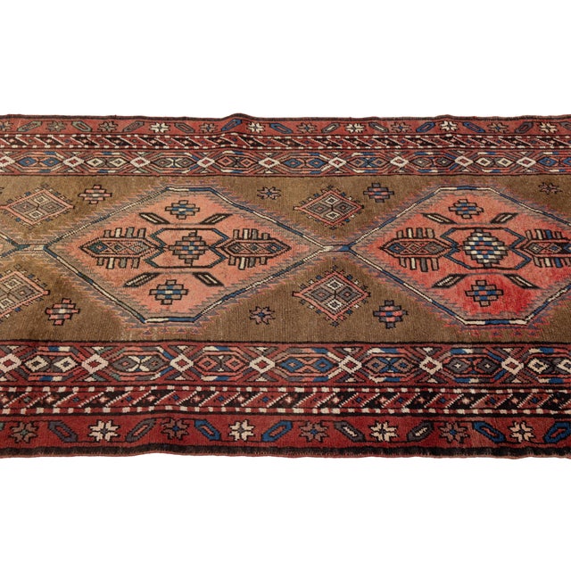 Brick Red Vintage Turkish Anatolian Wool Runner Rug With Diamond Medallions in Espresso, Terracotta & Navy For Sale - Image 8 of 9