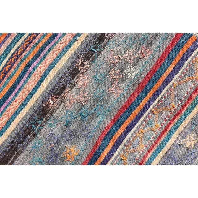 Mid 20th Century Colorful Vintage Turkish Embroidered Kilim With Stripes and Geometric Motifs For Sale - Image 12 of 12