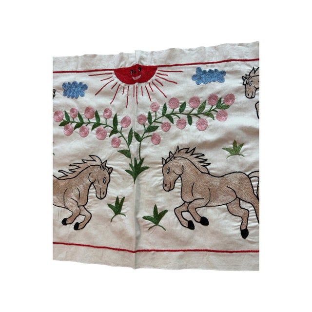 Mid-Century Modern Horse Suzani Wall Hanging, Red Sun Face For Sale - Image 3 of 5