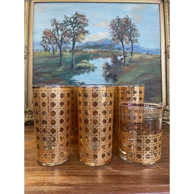 Mid-Century Modern Mid-Century Modern 1960s Gold-Toned Filigree Highball & Lowball Glassware Set - Set of 9 For Sale - Image 3 of 10