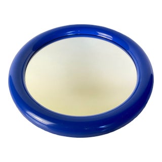 Vintage Postmodern Primary Blue Round Wall Mirror — Memphis Style Plastic Mirror, 1980s For Sale