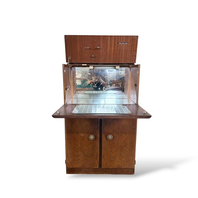 Mid-Century Walnut Bar Cabinet with Fold-Down Top and Etched Glass Interior, 1950s For Sale - Image 6 of 10