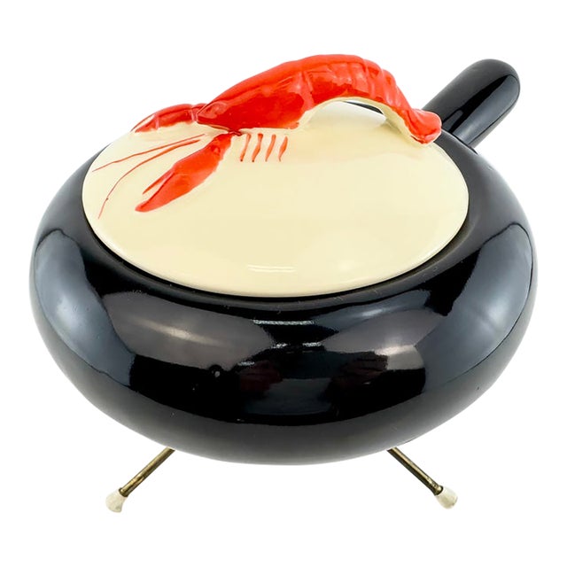 Vintage Mid-Century Modern Black Ceramic Lobster Covered Serving Warmer With Tripod Stand For Sale
