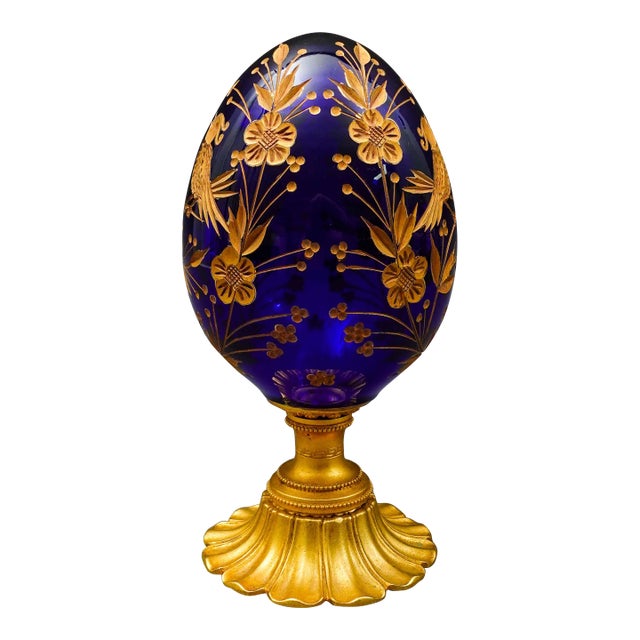 Mid 20th Century Style of Faberge Cobalt Blue Cut Crystal Gold Gilt Floral Love Birds Egg For Sale