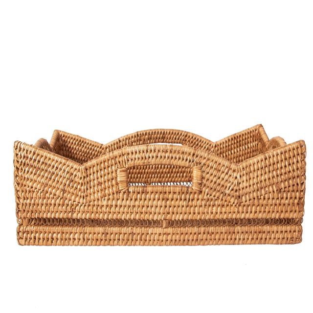 Wood Artifacts Rattan Rectangular Scalloped Shelf Basket - Honey Brown For Sale - Image 7 of 7