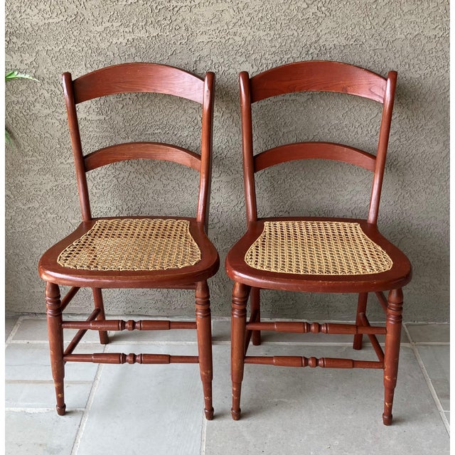 Farmhouse Circa 1920 Solid Oak Wood & Cane Seat Two-Rung Curved Ladderback Accent Chairs – A Pair For Sale - Image 3 of 18