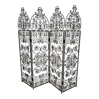 Spanish Revival Style 1960s 4 Panel Iron Ornate Scrolled Folding Screen Room Divider Woodard Unmarked For Sale