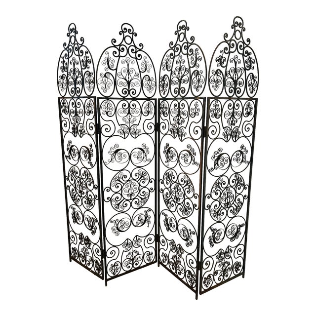 Spanish Revival Style 1960s 4 Panel Iron Ornate Scrolled Folding Screen Room Divider Woodard Unmarked For Sale