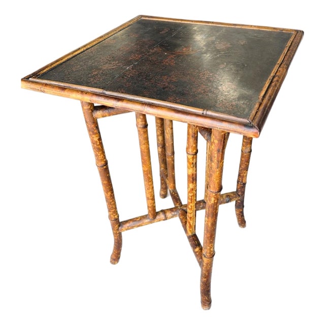 Antique Chinoiserie Lacquer Bamboo Side Table With Hand-Painted Bird Motif For Sale
