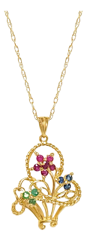 Emerald, Sapphire & Ruby Flower Basket Necklace 16"