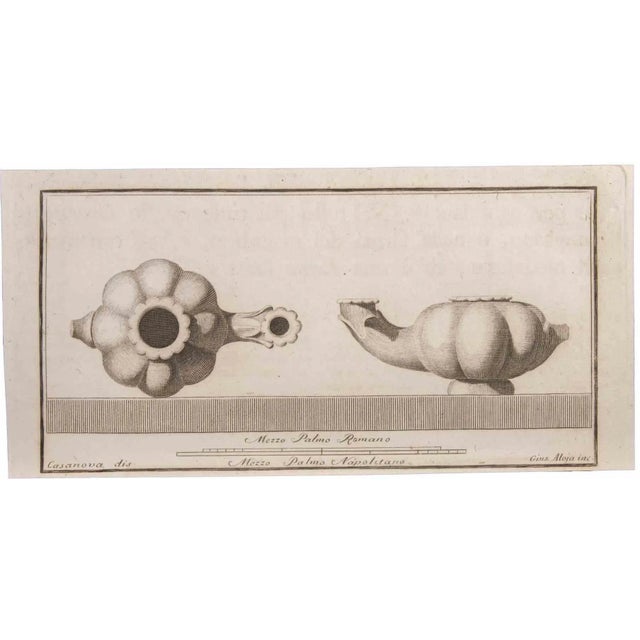 Oil Lamp from "Antiquities of Herculaneum" is an etching on paper realized by Giuseppe Aloja in the 18th Century. Signed...