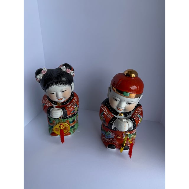 Chinoiserie Vintage Chinese Porcelain Good Fortune Boy & Girl Figurines – Pair, Circa 1980s For Sale - Image 3 of 12