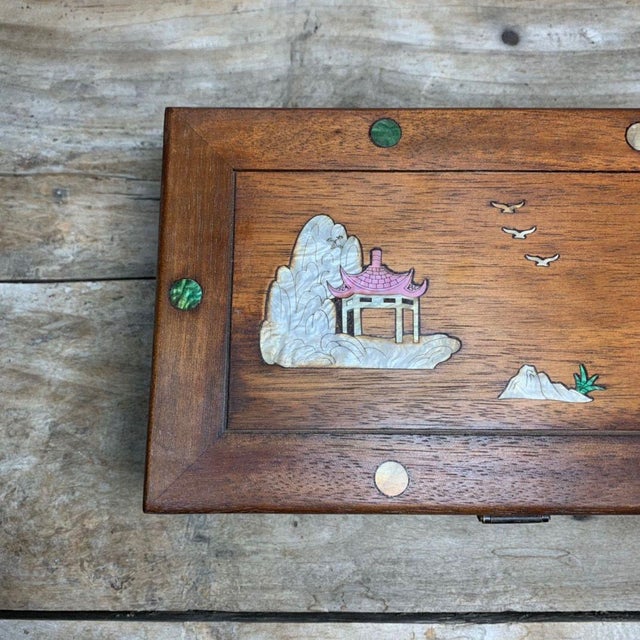 1990s Vintage Chinese Pear Wood Jewelry Box, Mother of Pearl Inlay Landscape & Figure Scene, Chinoiserie Storage Chest For Sale - Image 5 of 9
