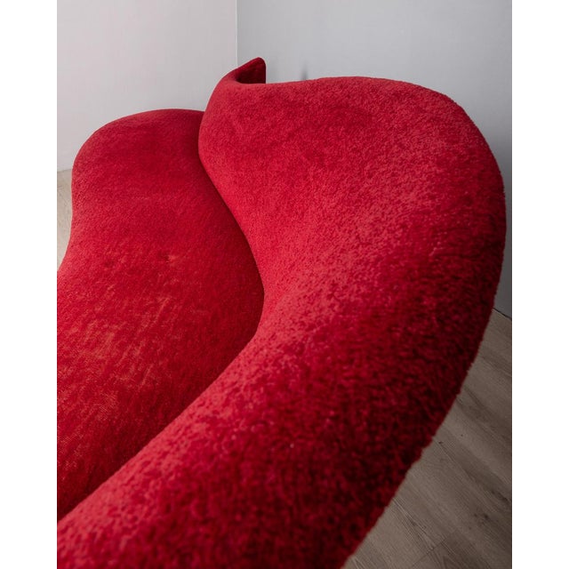 Metal Large Vintage Curved Sofa in Red Velvet, 1950s For Sale - Image 7 of 16