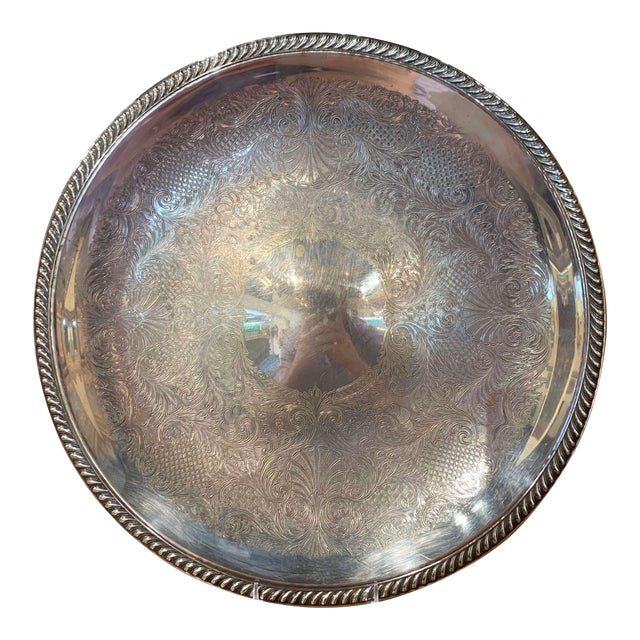 Early 20th Century Silver Plated Over Brass Tray With Engraved Decor For Sale