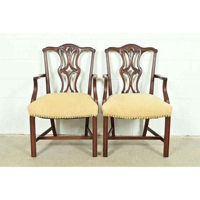 Baker Furniture Style Georgian Carved Mahogany Armchairs or Dining Captain Chairs, Pair For Sale - Image 14 of 14