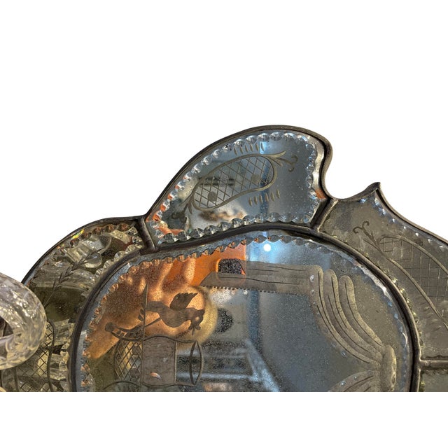 Late 19th Century Antique Venetian Two Arm Silver Mirrored Candle Sconces With Etching - Set of 2 For Sale - Image 9 of 12
